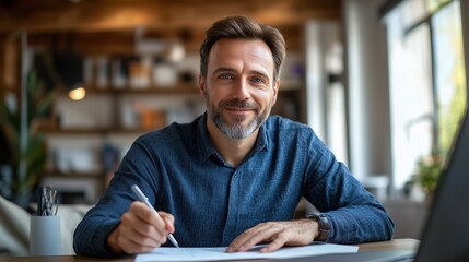 Man sitting at desk with pen and paper. Blue eyes of video manager at the desk. A relaxed camera notes the home office. A man at a desk holding a lifestyle pen and paper.