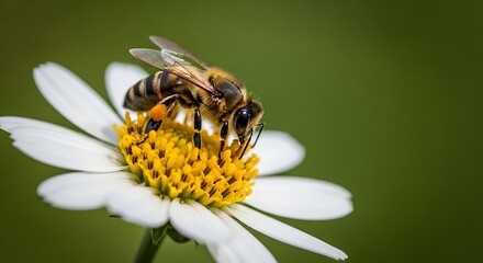 Honeybee Gathering Pollen on White Daisy Flower, Soft Green Background.