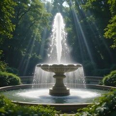 Park Fountain with Sunlight and Lush Greenery