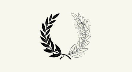 Elegant Laurel Wreath with Silhouette and Line Art Style.