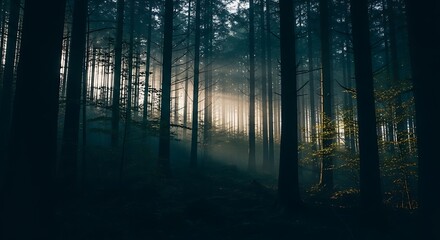 Sunlight streams through a dark, misty forest