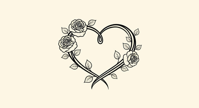 Hand drawn heart shaped frame with blooming roses and leaves.