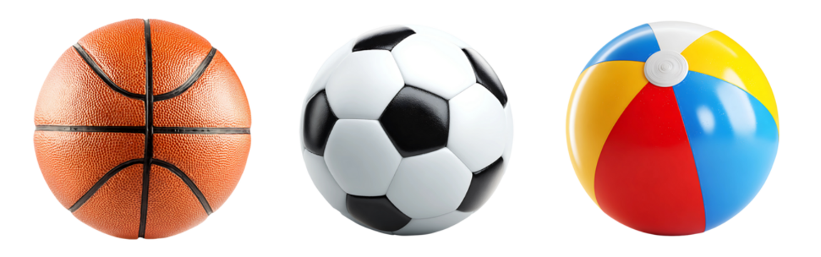 Three distinct sports balls basketball soccer ball and colorful beach ball in a row isolated on a white or transparent background - Powered by Adobe
