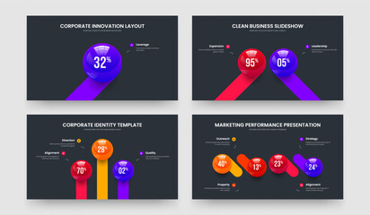 Naklejka premium Colorful Analysis 1 2 3 4 Option Infographic Slideshow Template Bundle. Financial Launch One Two Three Four Element Diagram Frame Layout Vector Illustration Set.