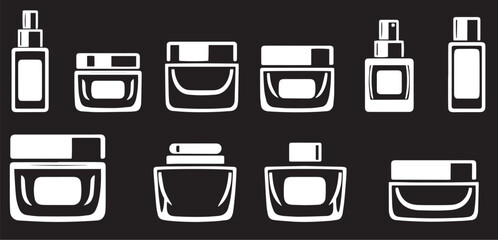 A set of cosmetic containers. Jars, vials, bottles, tubes. Hand drawn vector illustration