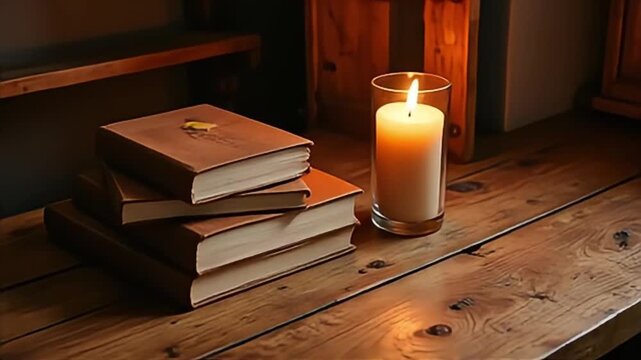 Warm glow of a lit candle illuminating a stack of vintage books on a rustic wooden surface, creating a cozy and studious atmosphere.