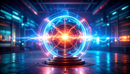 Fototapeta premium A glowing orb of energy sits on a metallic pedestal in a futuristic environment