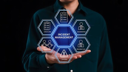 Futuristic digital network technology hexagon display held by person glowing icons connected