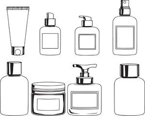A set of cosmetic containers. Jars, vials, bottles, tubes. Hand drawn vector illustration