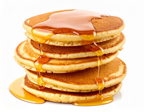 pancakes stacked maple syrup dripping isolated on white background - Powered by Adobe