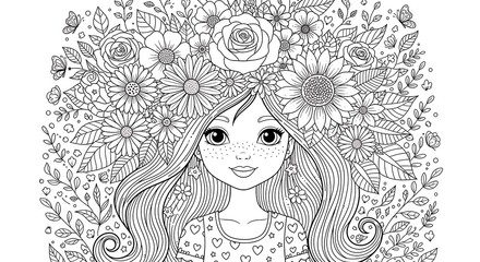 Fototapeta premium Girl with Flower Crown with Coloring Page.