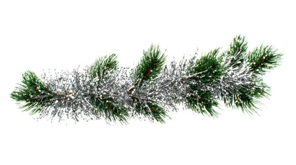 Artificial holiday pine branch with silver accents on a white isolated background.