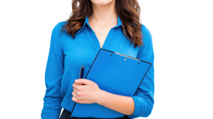 Businesswoman in blue shirt holding clipboard, isolated on white background.