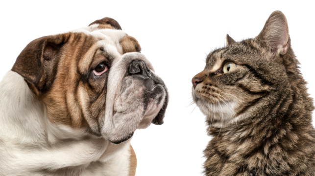 Bulldog and tabby cat face to face, showcasing unique expressions and friendship.