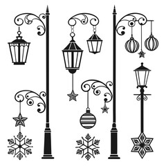 Black silhouette street lamps and festive ornaments