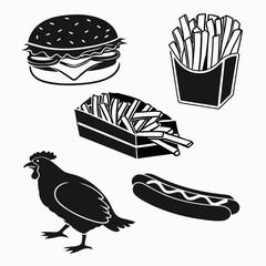 Black silhouettes of burger fries chicken hotdog hamburger