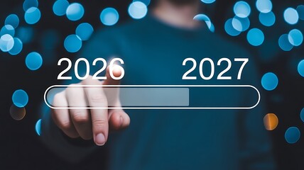 Hand pushing progress bar from 2026 to 2027 digital future countdown concept