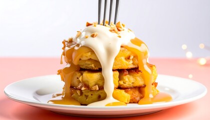 Stack of sweet pancakes drizzled with caramel sauce and topped with whipped cream and nuts