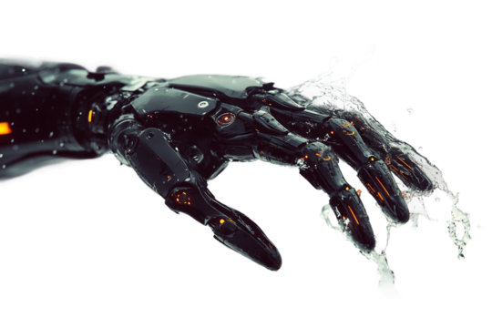Splashing water around futuristic robotic hand isolated on transparent background