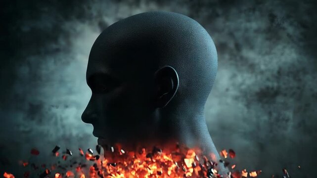 Human head exploding with fire and debris representing mental health issues