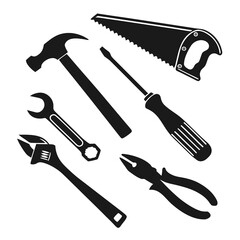 Black tool silhouettes hammer saw wrench screwdriver pliers