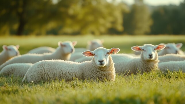 Herd of sheep in field. Sheep observing dike head in realistic video. A field of shallow surroundings with a depth of 16:9. A flock of sheep lifestyle in a pasture.
