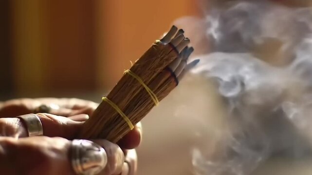 Burning incense stick closeup