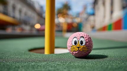 A pink golf ball with a face on it sits on a green golf course. The ball is positioned near a hole, and the surrounding area is filled with various objects, including a pole and a car