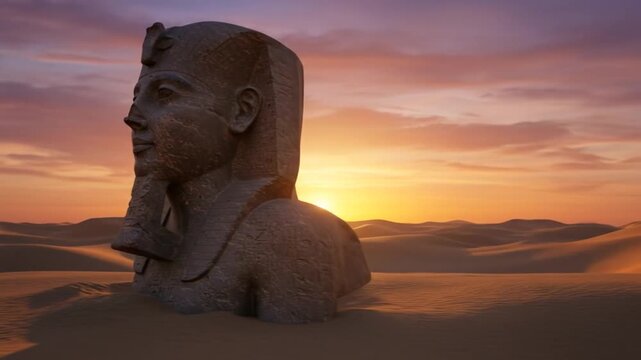 Ancient egyptian statue in desert at sunset
