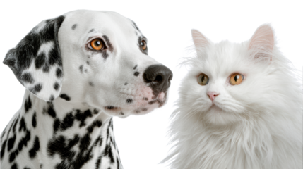 Dalmatian dog and white Persian cat, white isolate background.