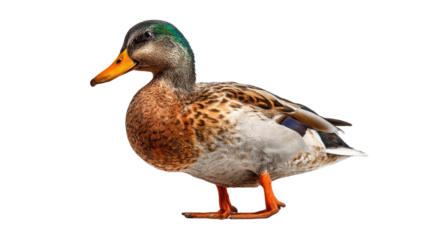 Detailed view of a mallard duck on a white isolated background.