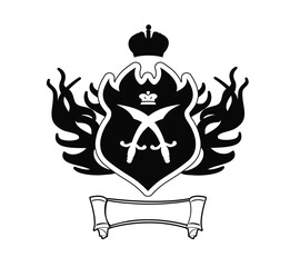 Obraz premium Heraldic shield with crown, crossed axes, and wings symbolizing strength and honor. Vintage coat of arms emblem for royalty, tradition, and defense. Elegant heraldry illustration design.