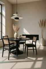 Modern minimalist dining room with round black table, cane chairs and pampas grass decor
