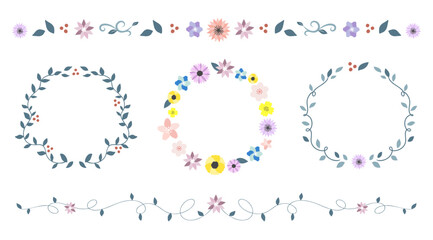 花と葉のリース・ライン装飾セット（フラワーフレーム・ナチュラル・ベクター素材）