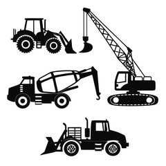 Construction vehicles silhouettes bulldozer crane