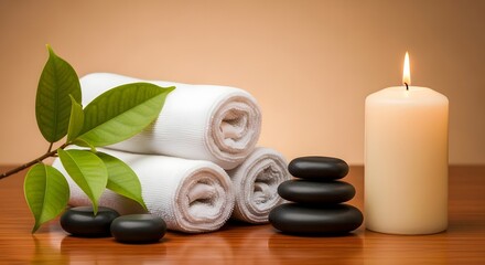 Serene spa setting with rolled white towels, smooth black stones stacked, green leaves, and a lit candle on a polished wooden surface with a warm, soft background