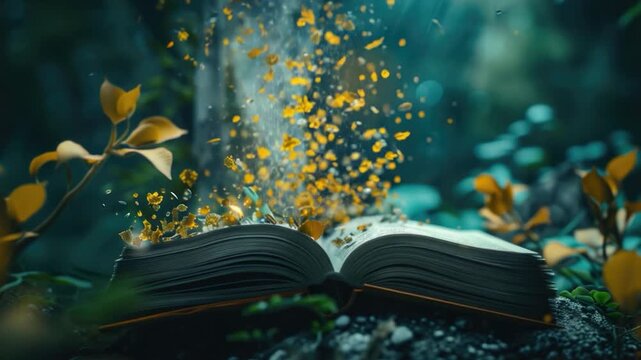 An open book sitting on top of a lush green forest, ideal for nature-inspired learning and storytelling scenes