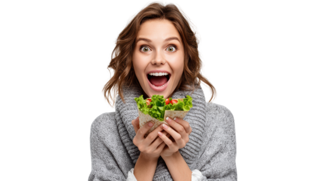 Excited woman holding a healthy salad, showcasing vibrant vegetables, with a bright expression of joy.