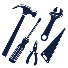 Dark blue tool silhouettes on white background hammer