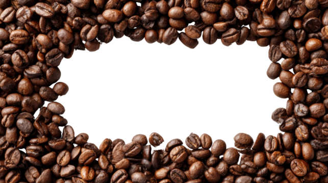 Fresh roasted coffee beans arranged in a frame on a black background.
