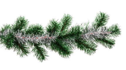 Obraz premium Green pine branch with silver glitter, isolated on white background.