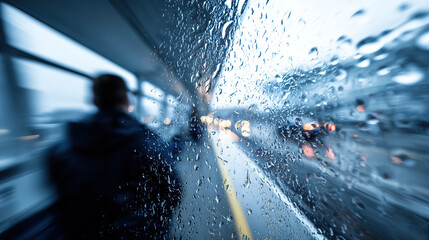 Rain-soaked window view of busy street with blurred figures and colorful lights during a rainy day