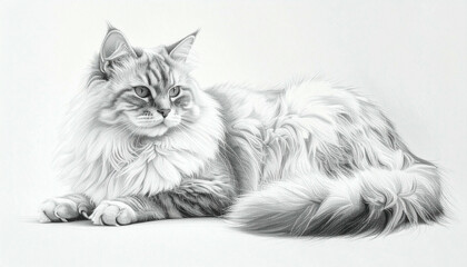 Detailed grayscale drawing of a Maine Coon cat, showcasing its fluffy fur and relaxed posture.