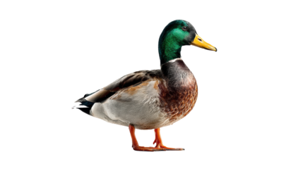 Mallard duck standing proudly, white isolated background.