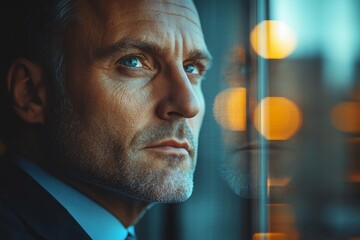 Thoughtful businessman in a modern office looks through the window, reflecting on business matters or planning future actions with a clear vision, Generative AI