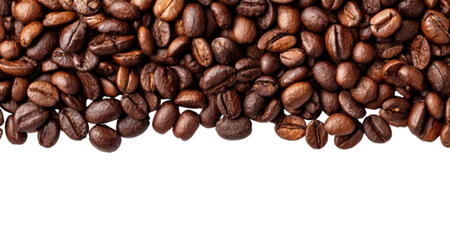Roasted coffee beans arranged on a white background for a tasteful coffee theme.