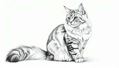A majestic Maine Coon cat, elegantly posed, depicted in a detailed pencil sketch.