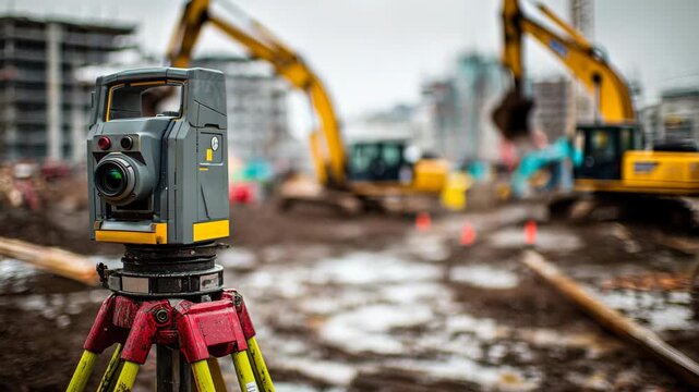 Surveying equipment at a construction site, foreground focus, blurred background showcases heavy machinery and building progress.