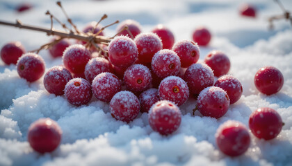 Frosty cranberries on snow for beautiful winter harvest scene
