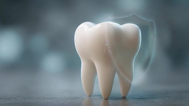 Protected Tooth: A healthy tooth with a shield symbolizing protection against decay and disease, emphasizing the importance of dental care for a healthy smile.